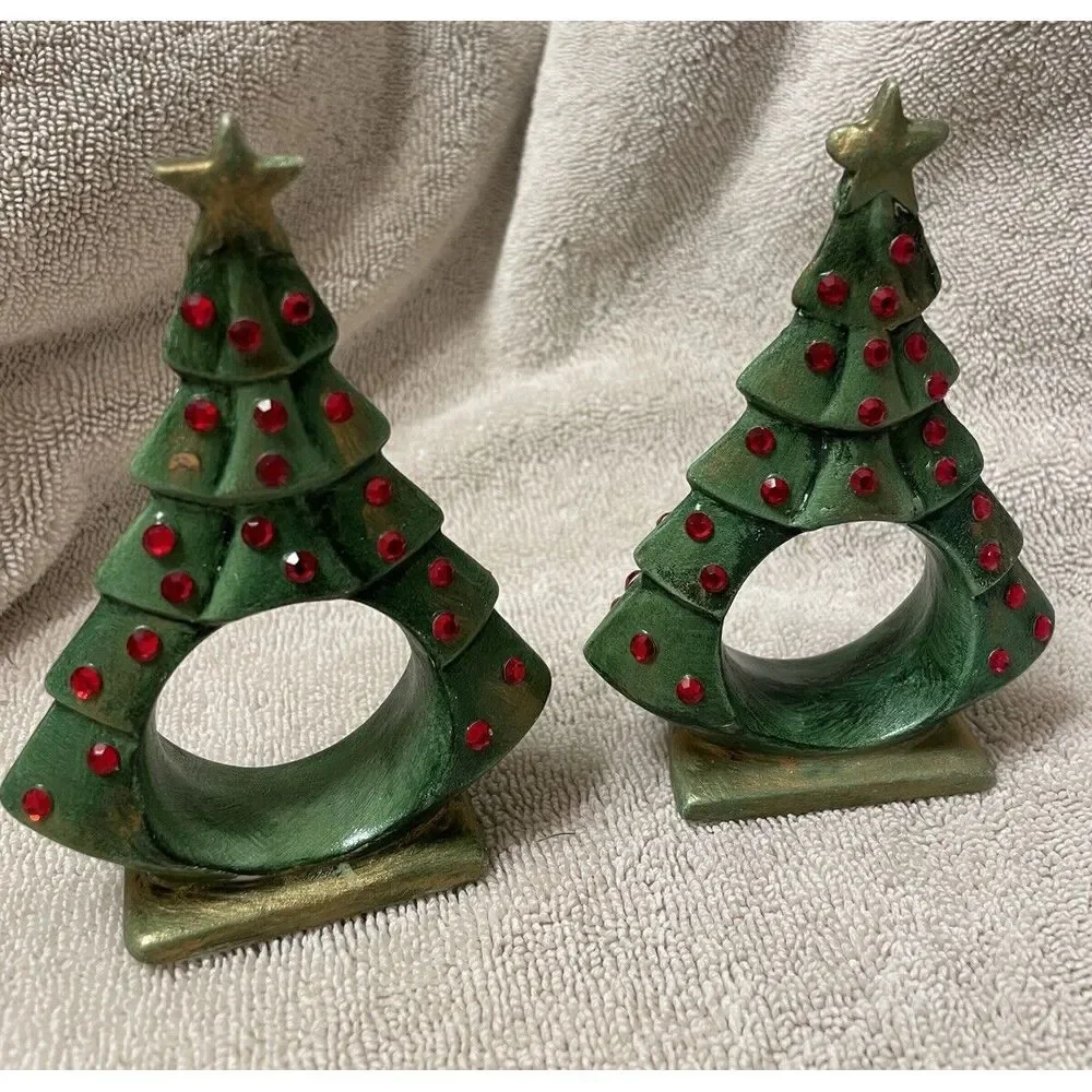 Vintage Handcrafted Christmas Tree Napkin Rings Green‎ Ceramic Set of 2 Pcs